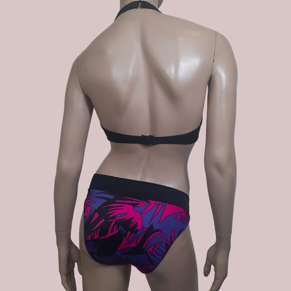 Vintage 90s High Cut Bikini Set Size XS Hot Pink Purple Black 2 Piece Halter - Picture 5 of 12